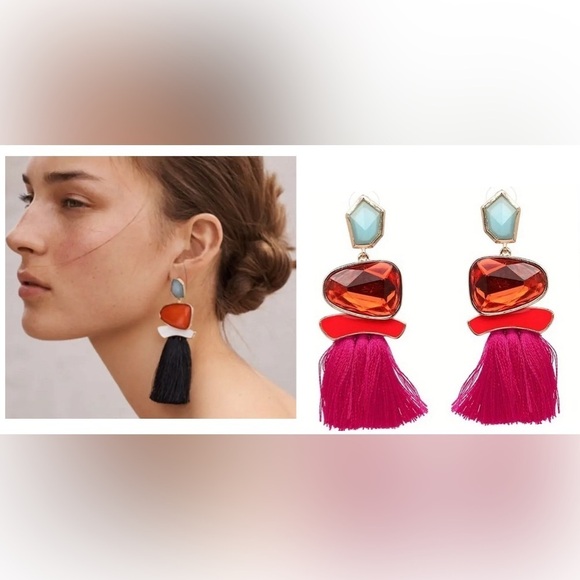 Zara Colorful Stone Gem Tassel Drop Earrings - Picture 1 of 13